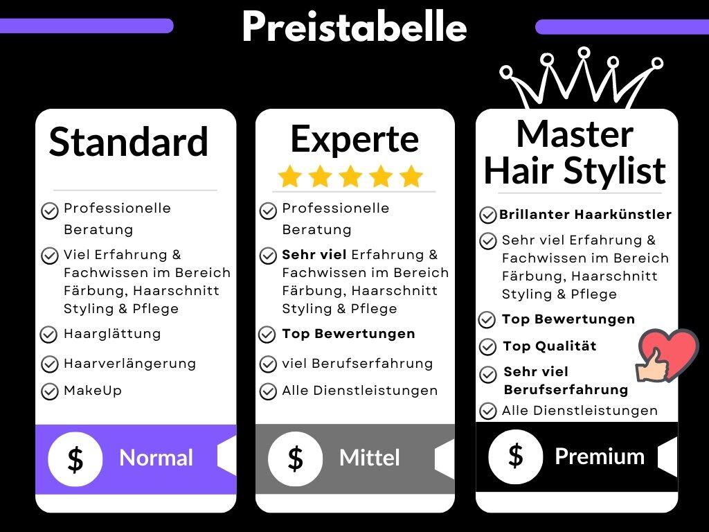 Vergleiche unsere Preistabelle für Standard, Experte und Master Hair Stylist Friseur Preise.