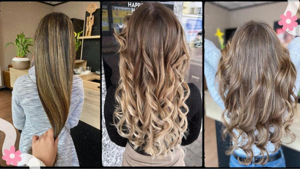 Dreiteilige Collage von dunklen Haaren mit Strähnen aus einem Friseursalon in Hamburg. Happy Hair Harburg
