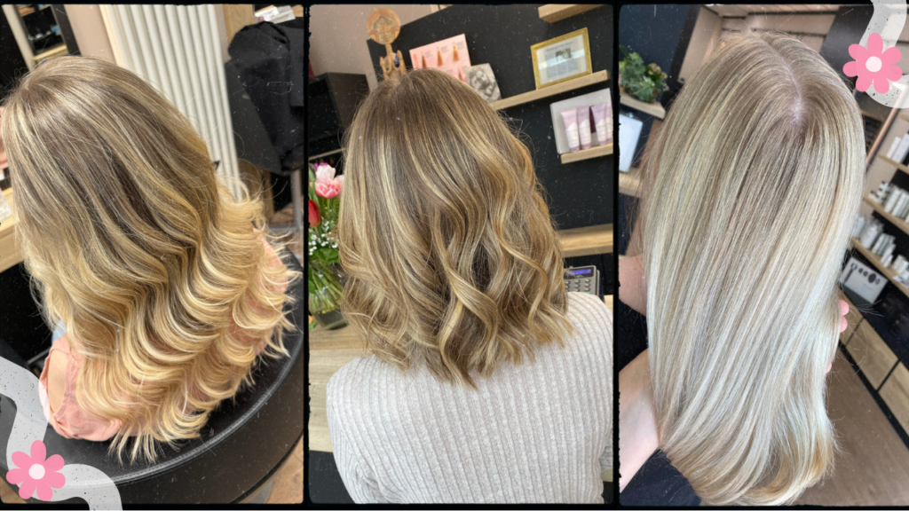 Collage mit drei verschiedenen Varianten von blonden Haaren mit Strähnen vom Friseur #blondehaaremitsträhnen #friseurhamburg #highlights #balayage #foliensträhnen